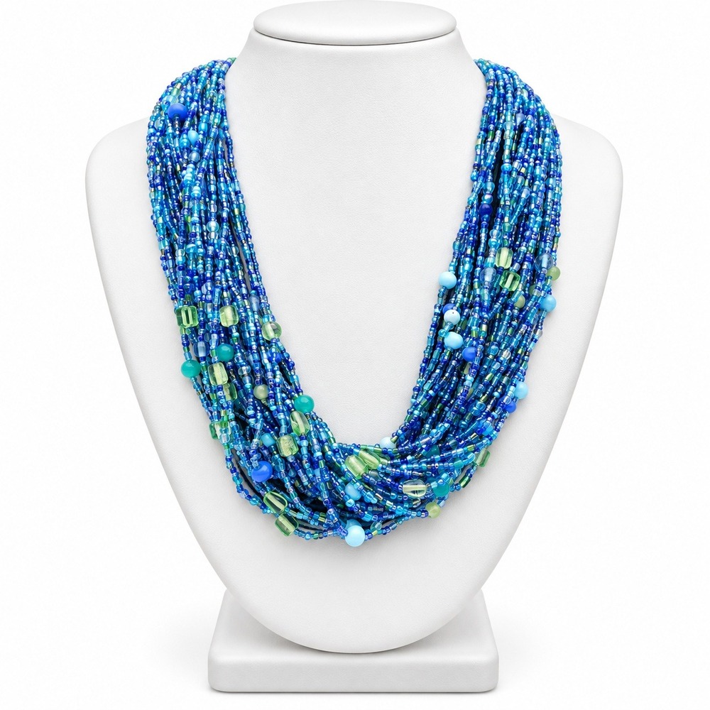 Talbots Multi Strand Blue Green Glass Seed Bead Necklace 21-24" Silver Tone